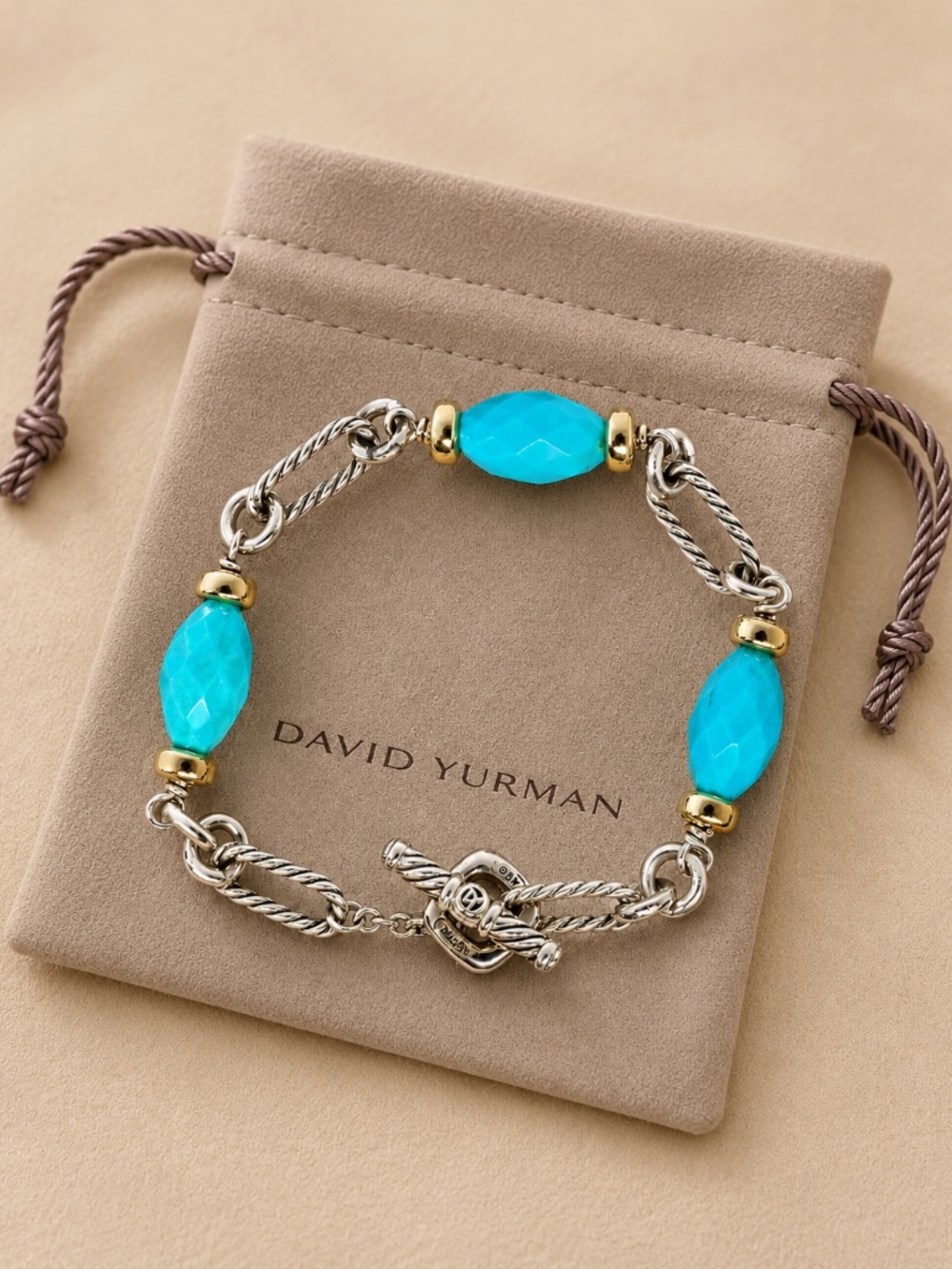 David Yurman Turquoise Station Bracelet Sterling Silver 18K Gold Toggle